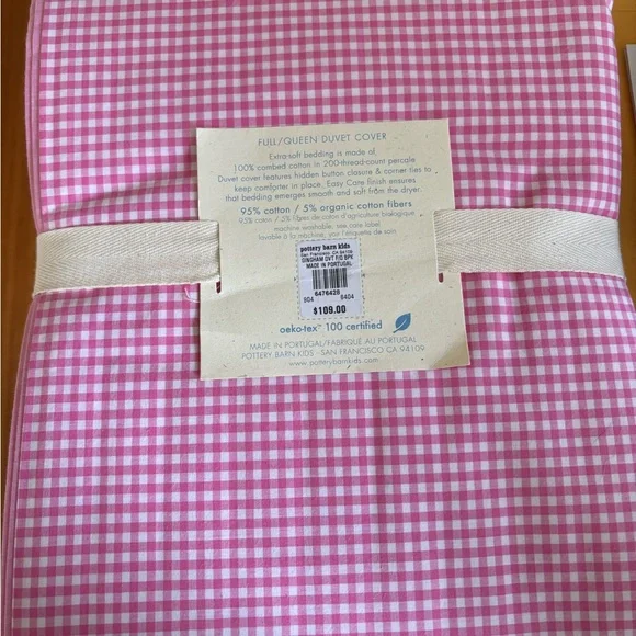 Pottery Barn Kids Reversible Gingham/Chambray Duvet Cover Full/Queen Pink NWT